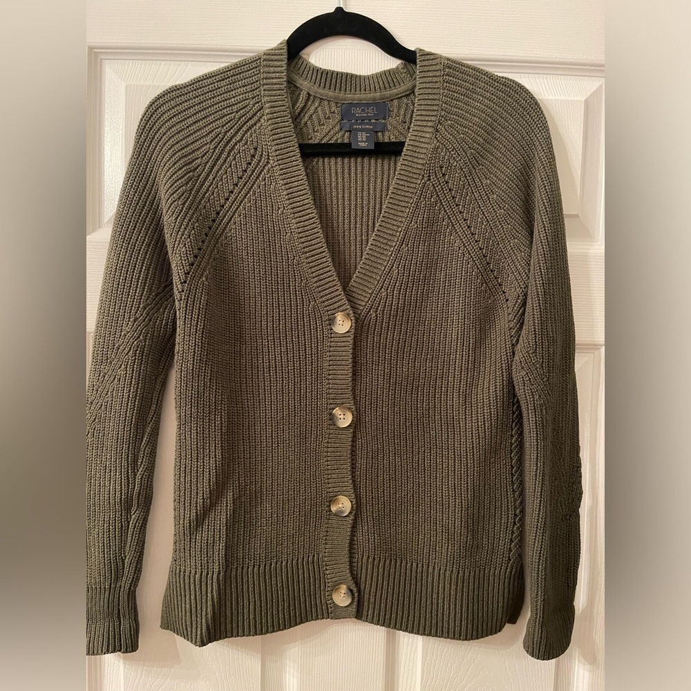 Rachel Roy Olive Green Button Down Knitted Boyfriend Cotton Cardigan Sz. XS